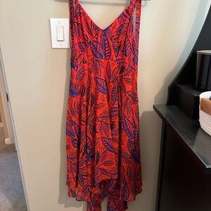 Vibrant Red and Blue Leaf Print Dress
